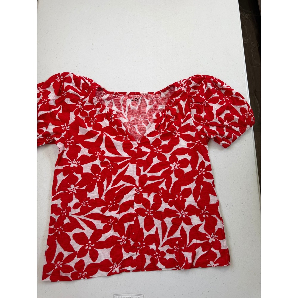 Loft Red White Floral Puff Short Sleeve V-Neck Slub Knit Blouse Top XS